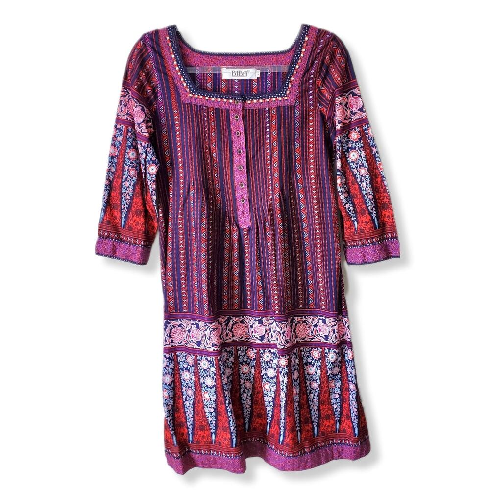 Biba Women Kurta Tunic Top M Boho Ethnic India Colorful Peasant Multicolor NEW